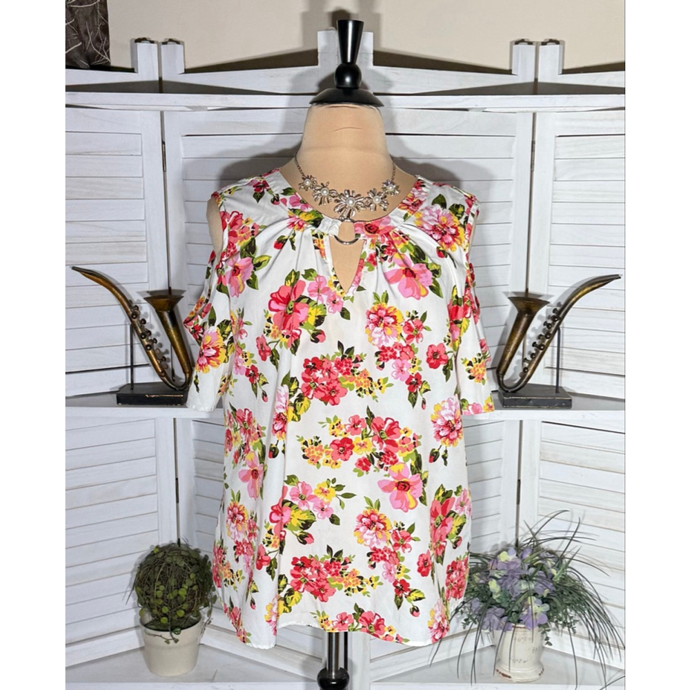 MPH collection cream pink blouse cottage fairy floral cold shoulder plus sz 3X